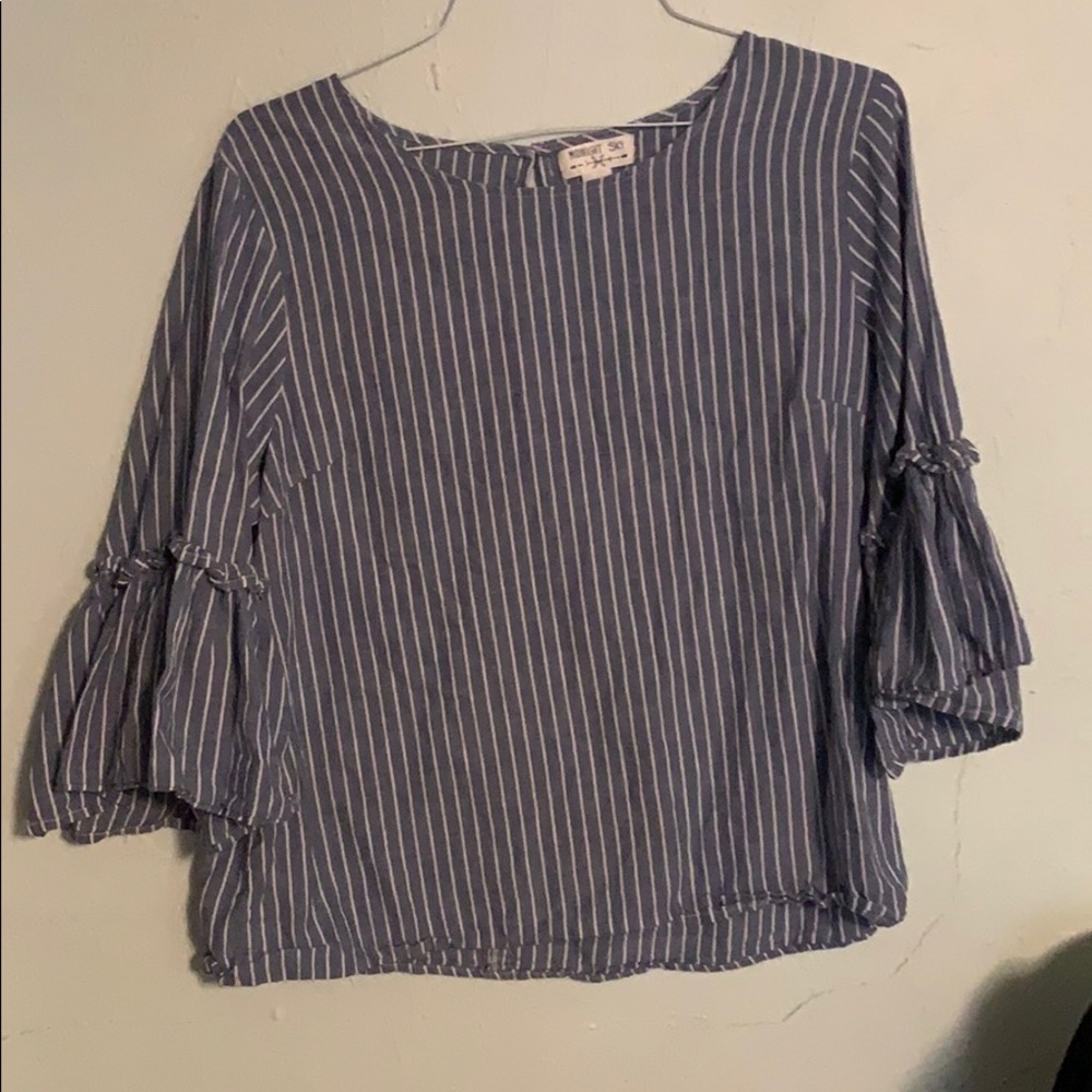 Blue Striped Blouse with Bellbottom Sleeves